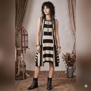 Anna Sui Y2K Striped Black and Creamy Metallic Dress Asymmetric Hem Size Small